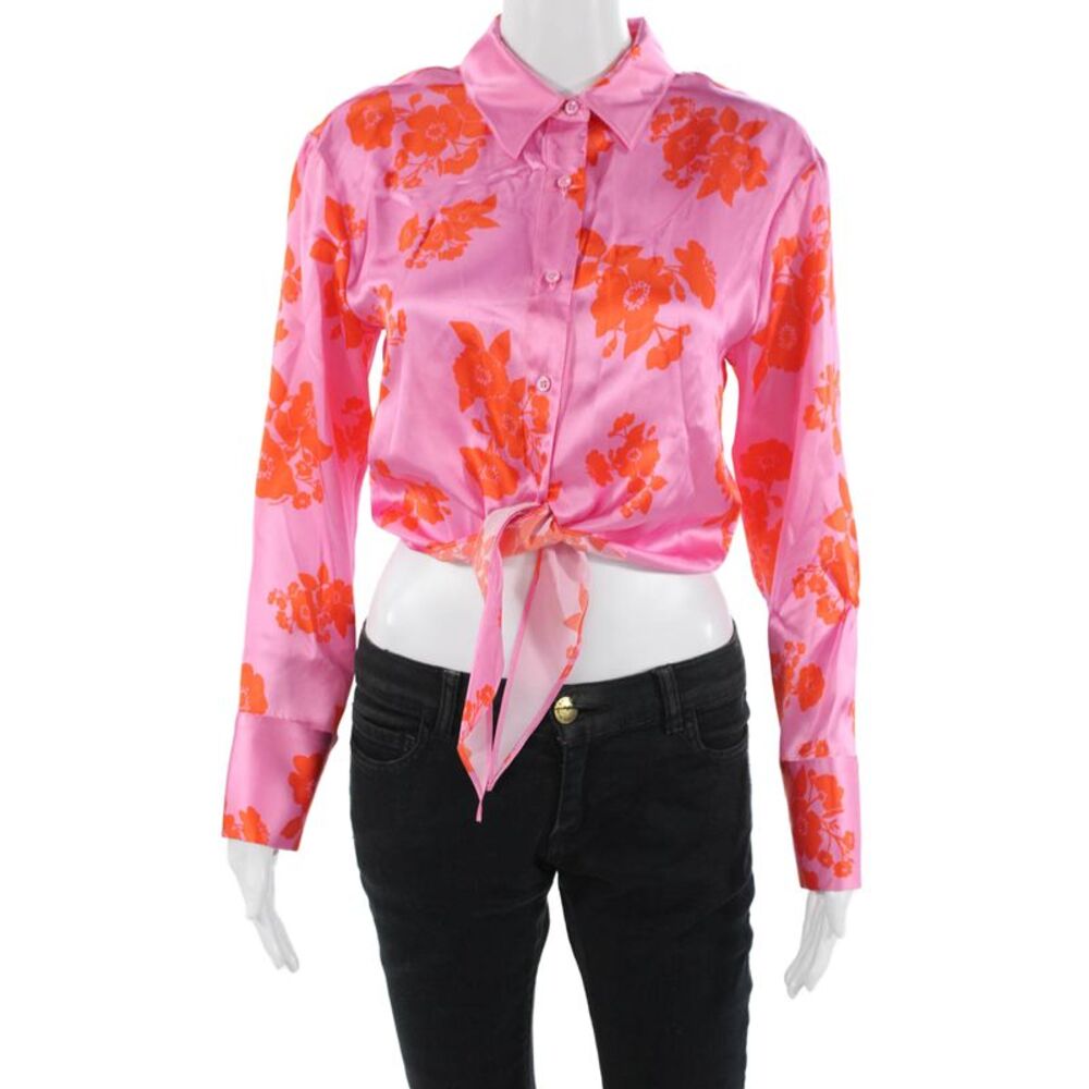 From Future Women Cropped Floral Pink Silk Collared Button-Up Blouse Size 34